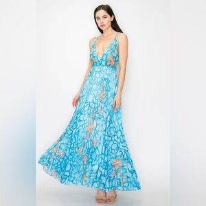 NWT blue Tropical Floral plunge backless Maxi Dress L | resort vacation resort